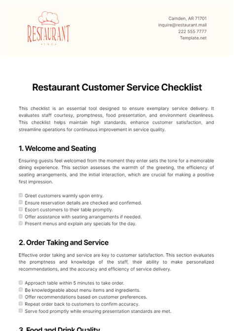 Customer Service Checklist Template for Restaurants